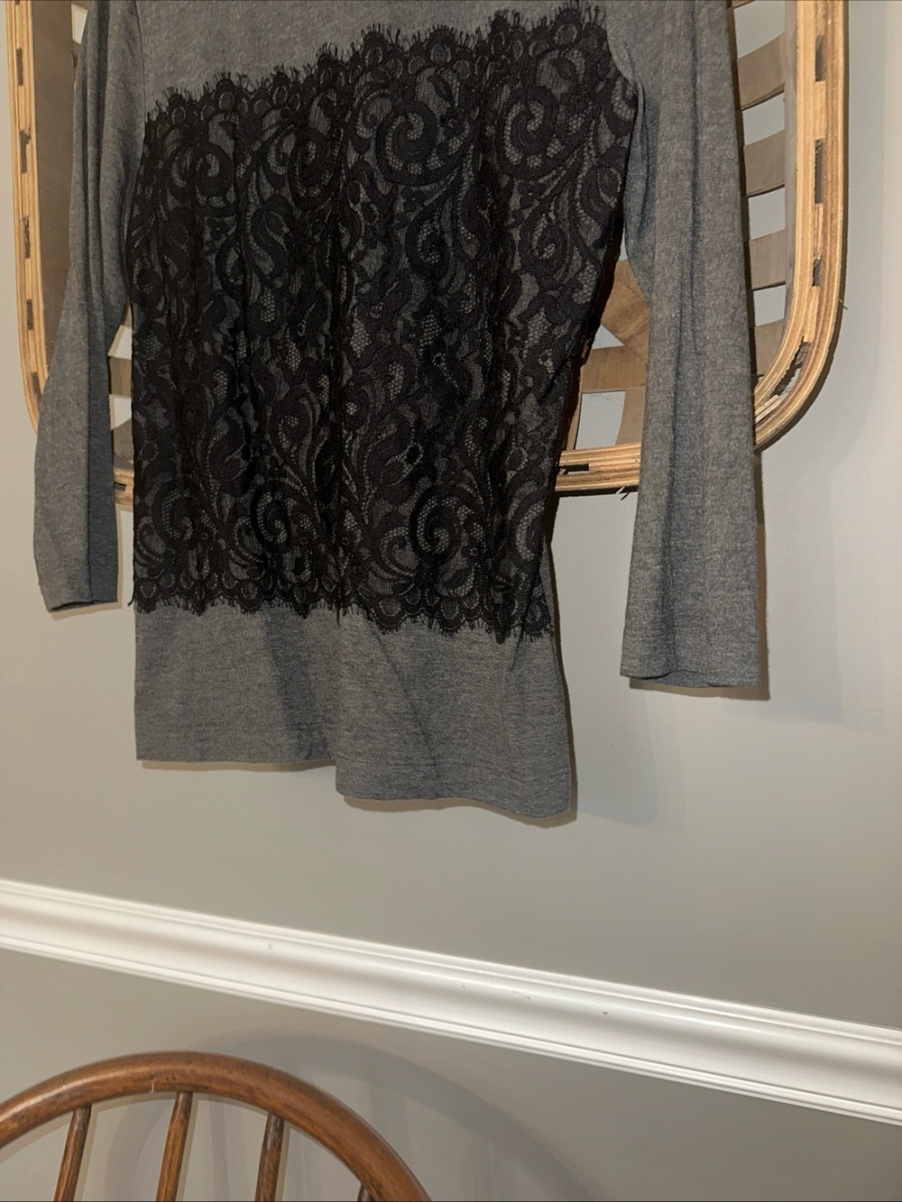 St. John Gray Knit Top with Black Lace Overlay